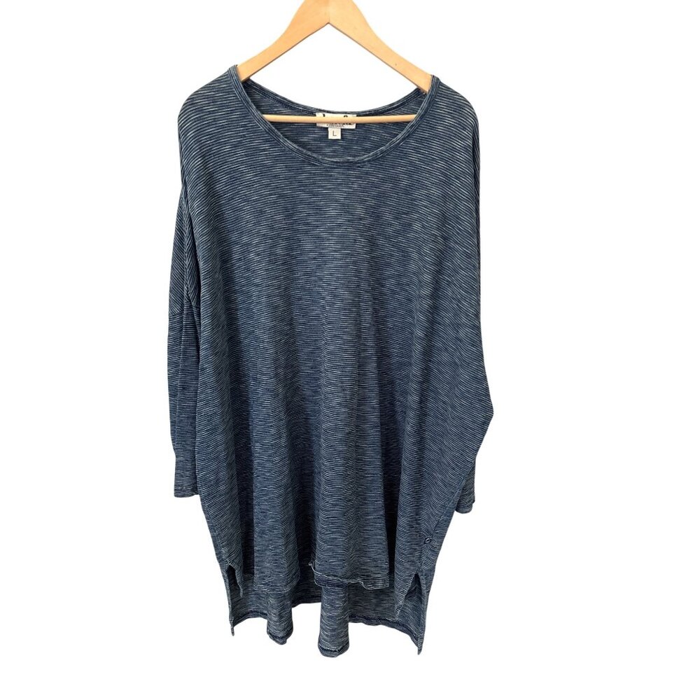 Danefae Oversized Tunic Top Size Large Striped Long Sleeve Pullover Blue Relaxed